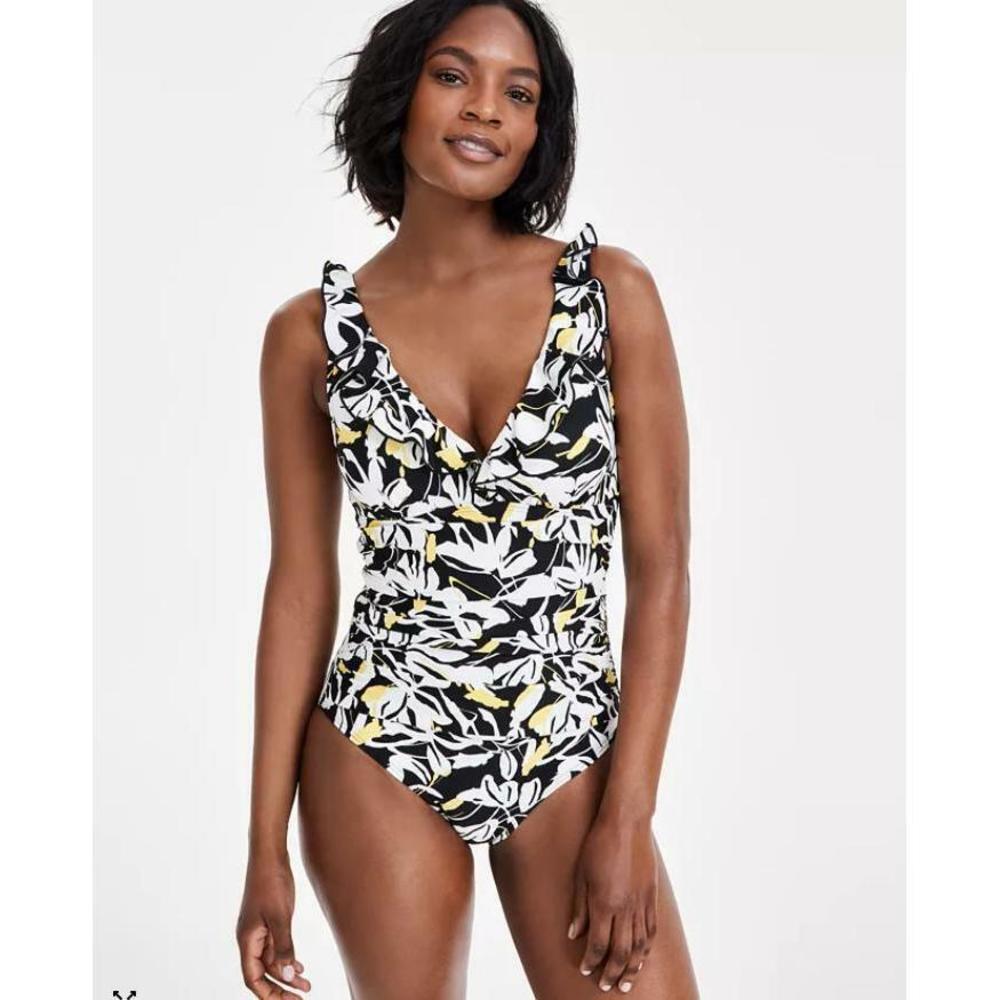 DKNY Ruffled Neckline One-Piece Multicolor Swimsuit Small S